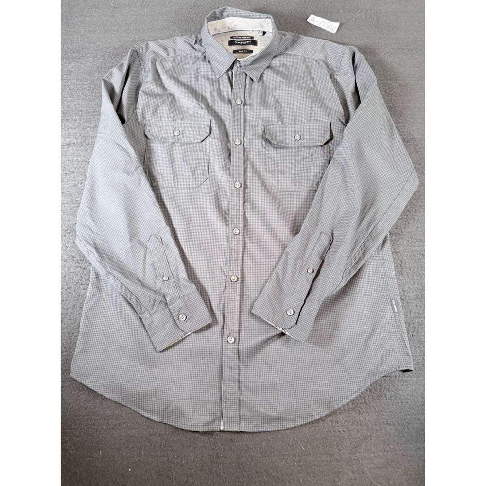 Kenneth Cole New York Mens Grey Micro Grid Slim Fit Stretch Button Down Shirt M